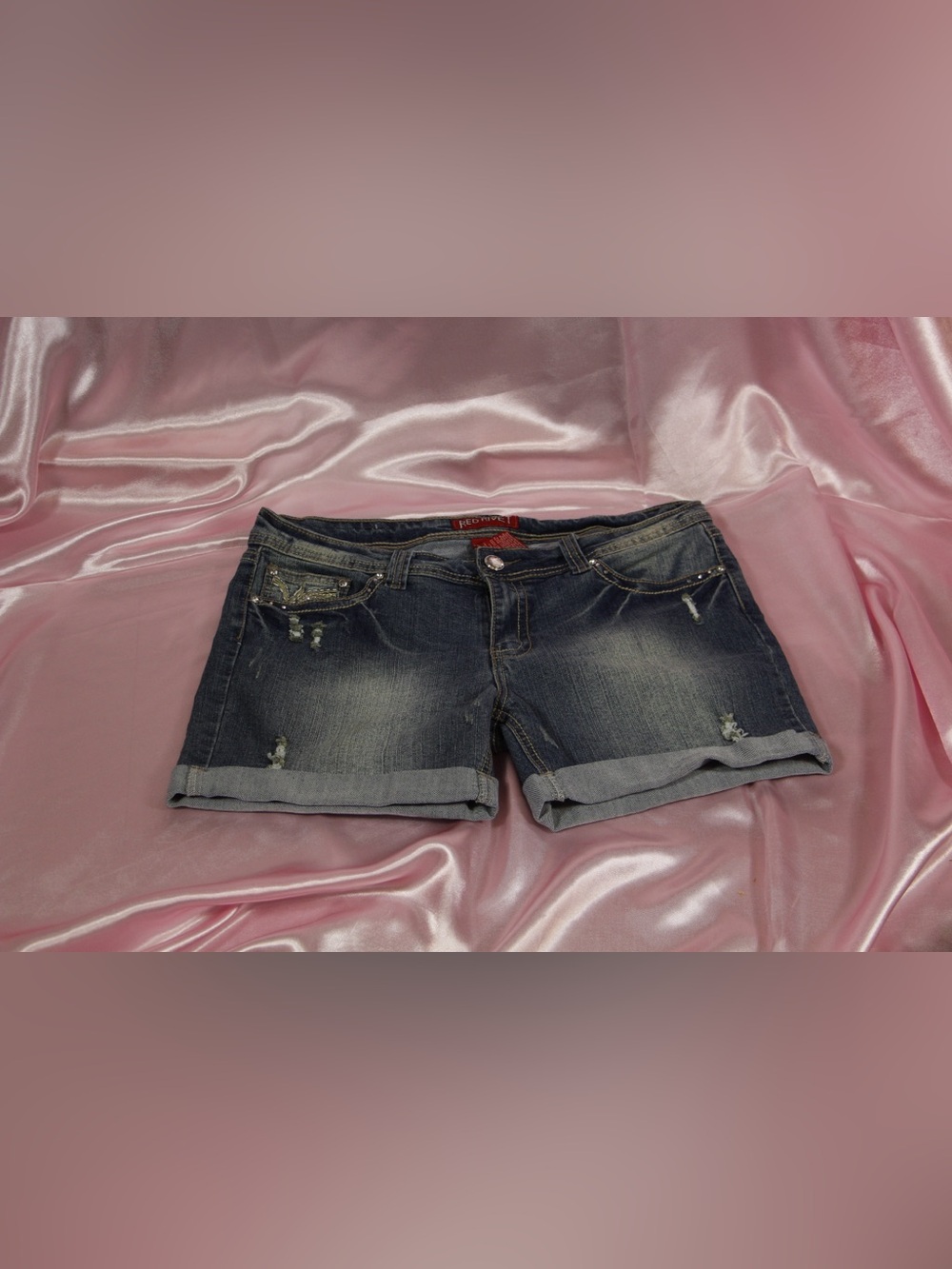 Red Rivet Rhinestone Jean Shorts - Picture 2 of 3